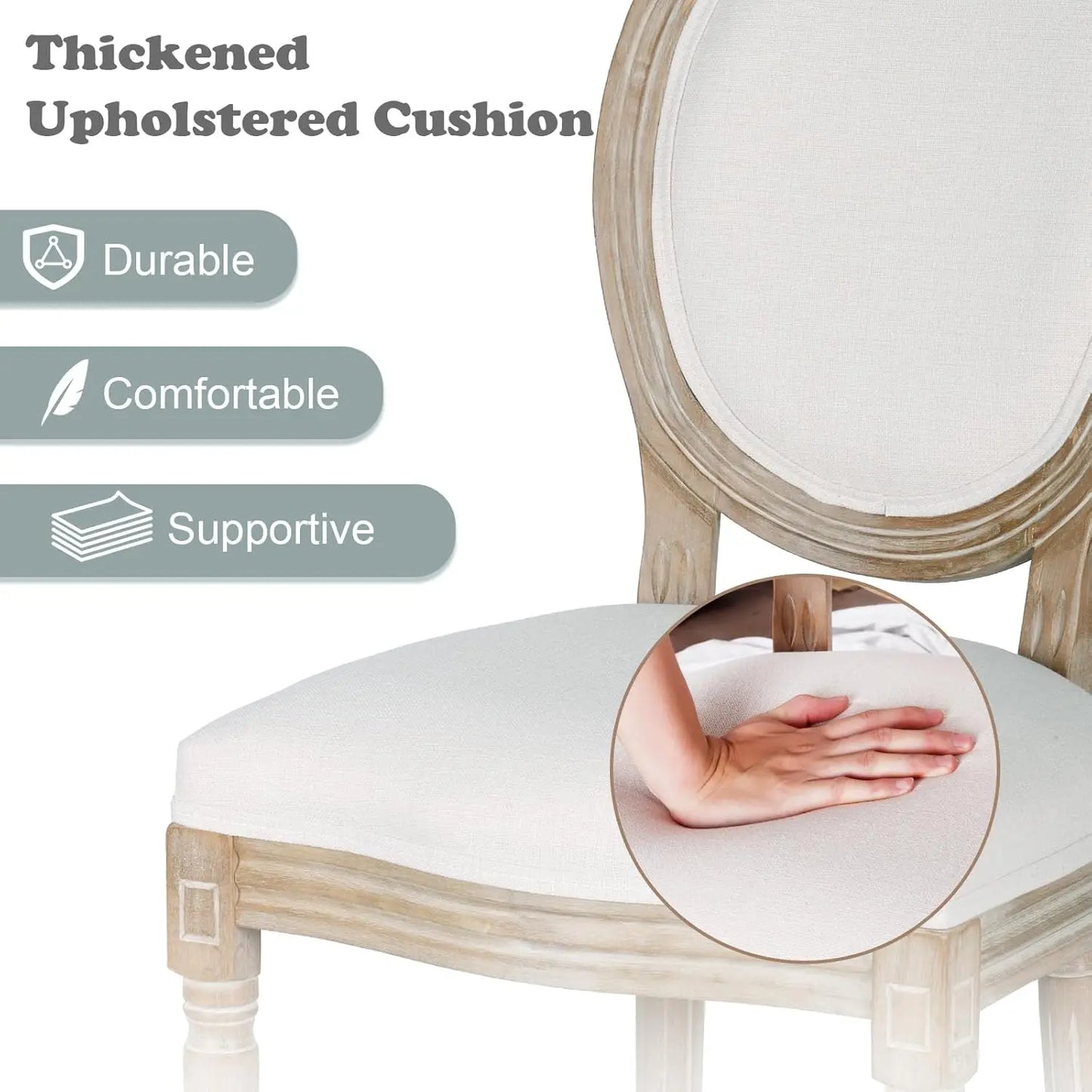 Beige Fabric Square Back Dining Chairs Set of 2 Solid Wood Legs Frame French Country Kitchen Dining Room, Custom