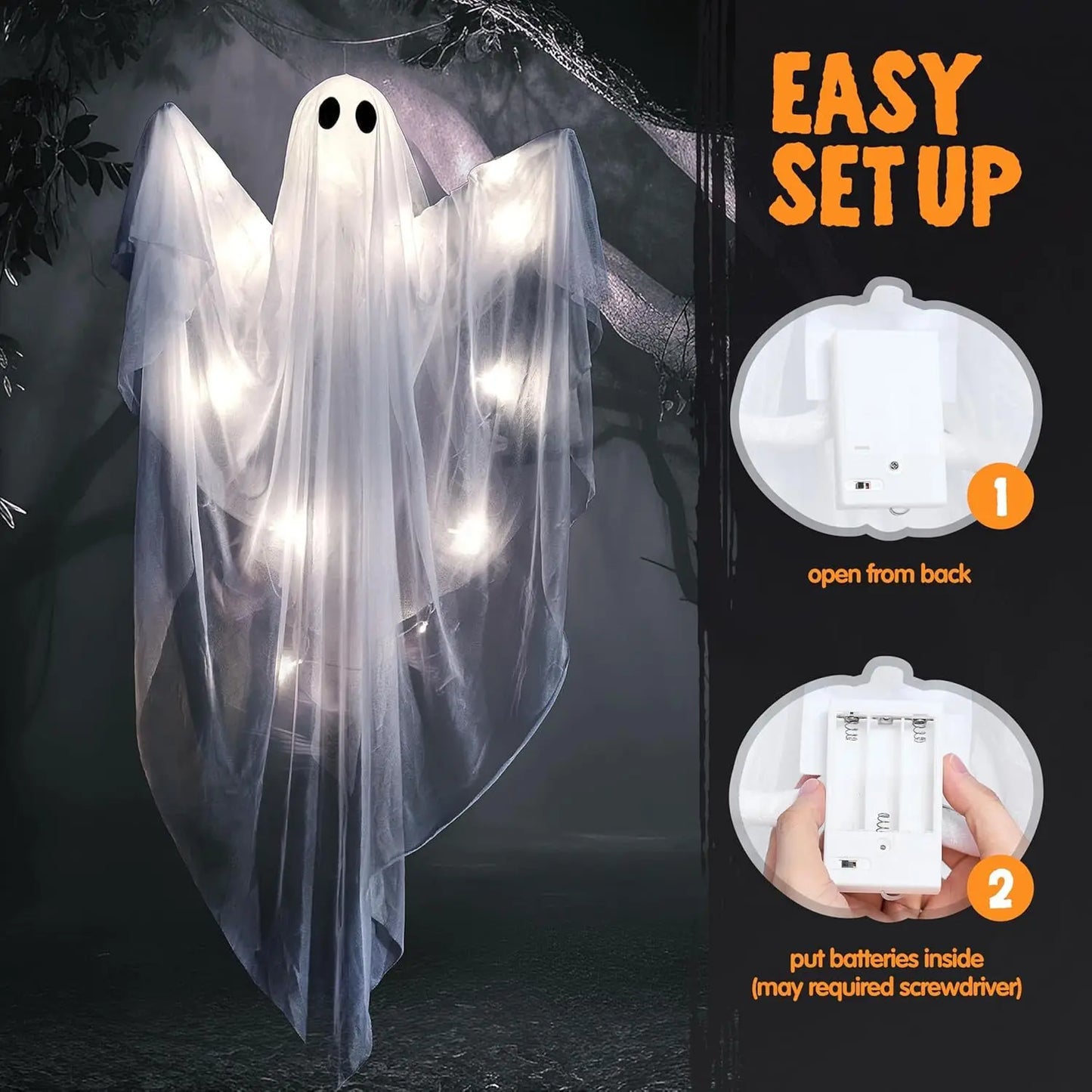 Halloween Hanging Light up Ghost with Spooky White LED Light, 47” Halloween Hanging Ghost Decoration for Front Yard Patio Lawn Garden Party Decor Indoor Outdoor