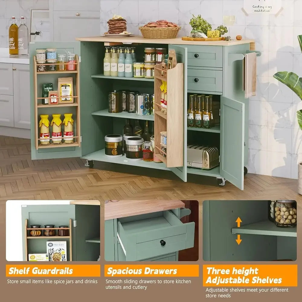 Kitchen Island with Storage, Sage Green Rolling Kitchen Cart on Wheels with Drop-Lea Bar Countertop, Islands Prep Table with Sid
