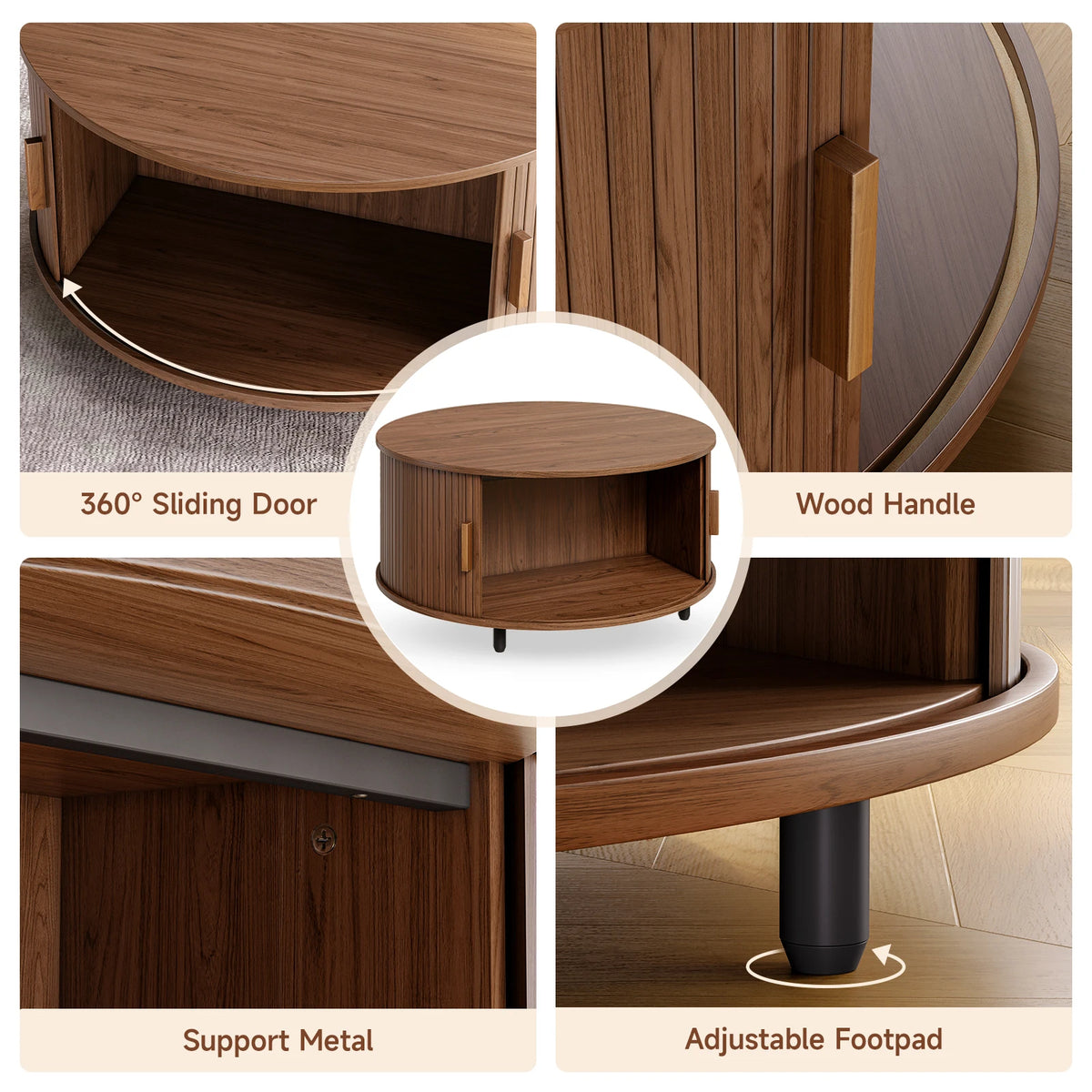 ONBRILL Round Coffee Table With Storage And Fluted Sliding Door
