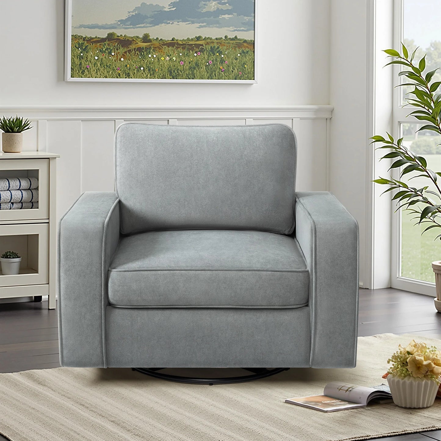 KERDOM 360° Swivel Accent Chair, PU Leather Living Room Chairs with Deep Seat and Upholstered, Square Armchairs for Bedroom, Reading Nook, Easy Assemble, Espresso