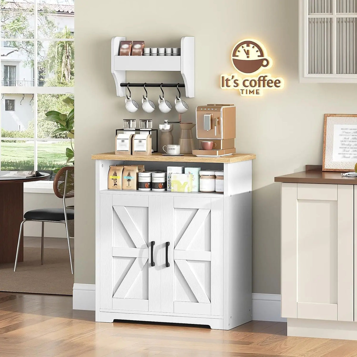 HiMISS Farmhouse Coffee Bar Cabinet With Mug Shelf And Hooks