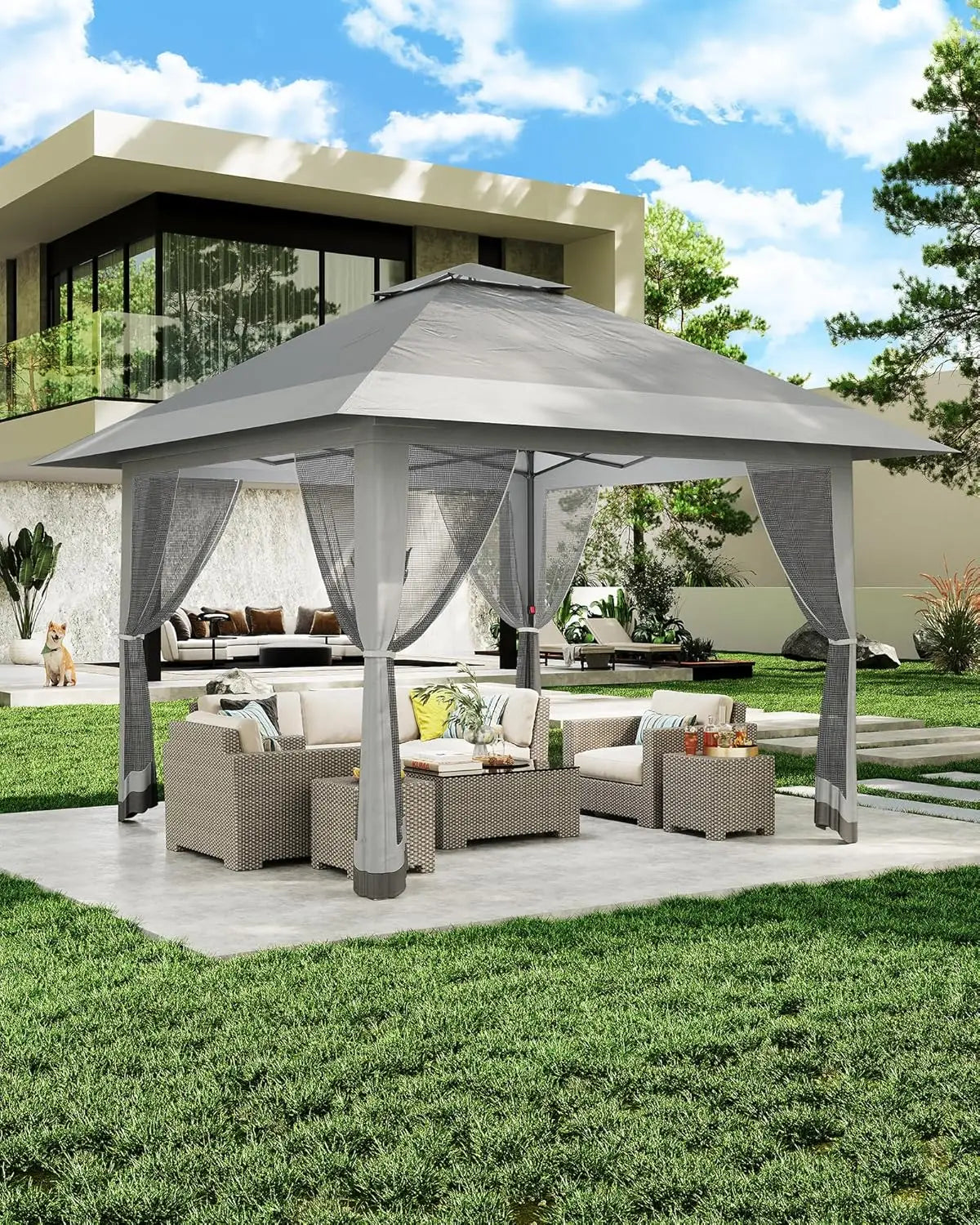 Alloy Steel Pop Up Gazebo With Mosquito Netting Vent Roof