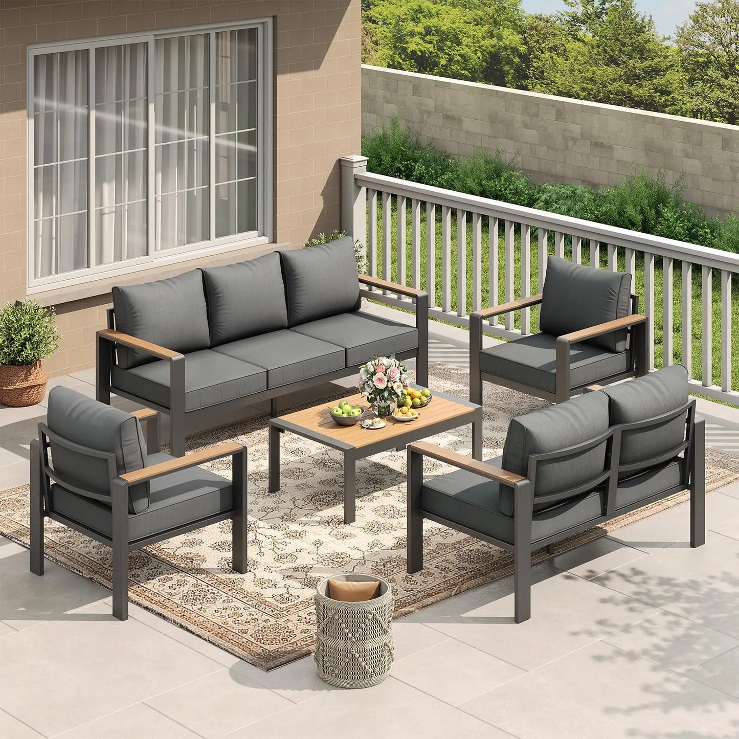 7 Seat Aluminum Patio Furniture Set, Outdoor Sectional Sofa With 5 Inch Thick Cushions & Coffee Table For Porch Deck Yard