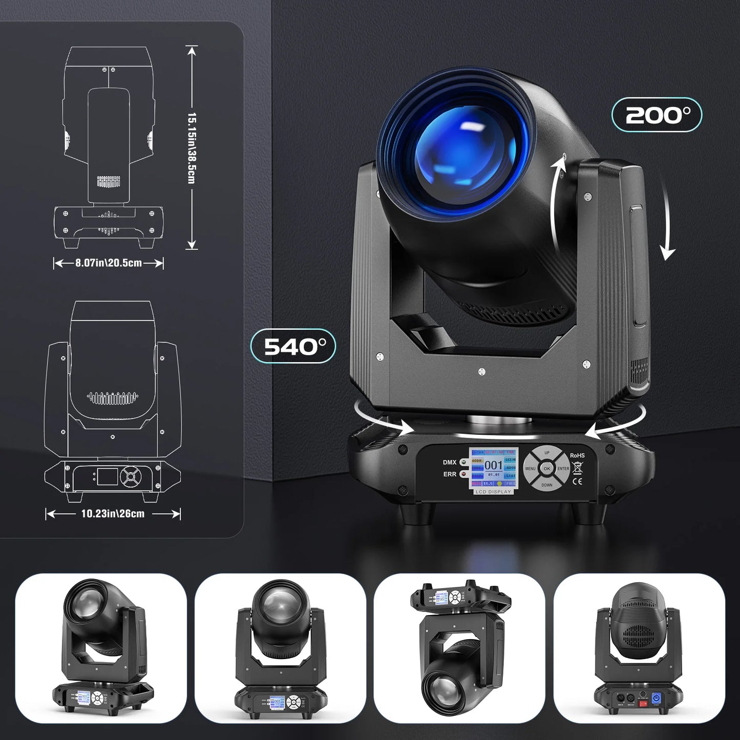 U'King 150W Beam Moving Head Light Rotating 18 Prisms 14 Gobos LED Rainbow Effect Zoom Stage Light DMX512 for DJ Disco Wedding