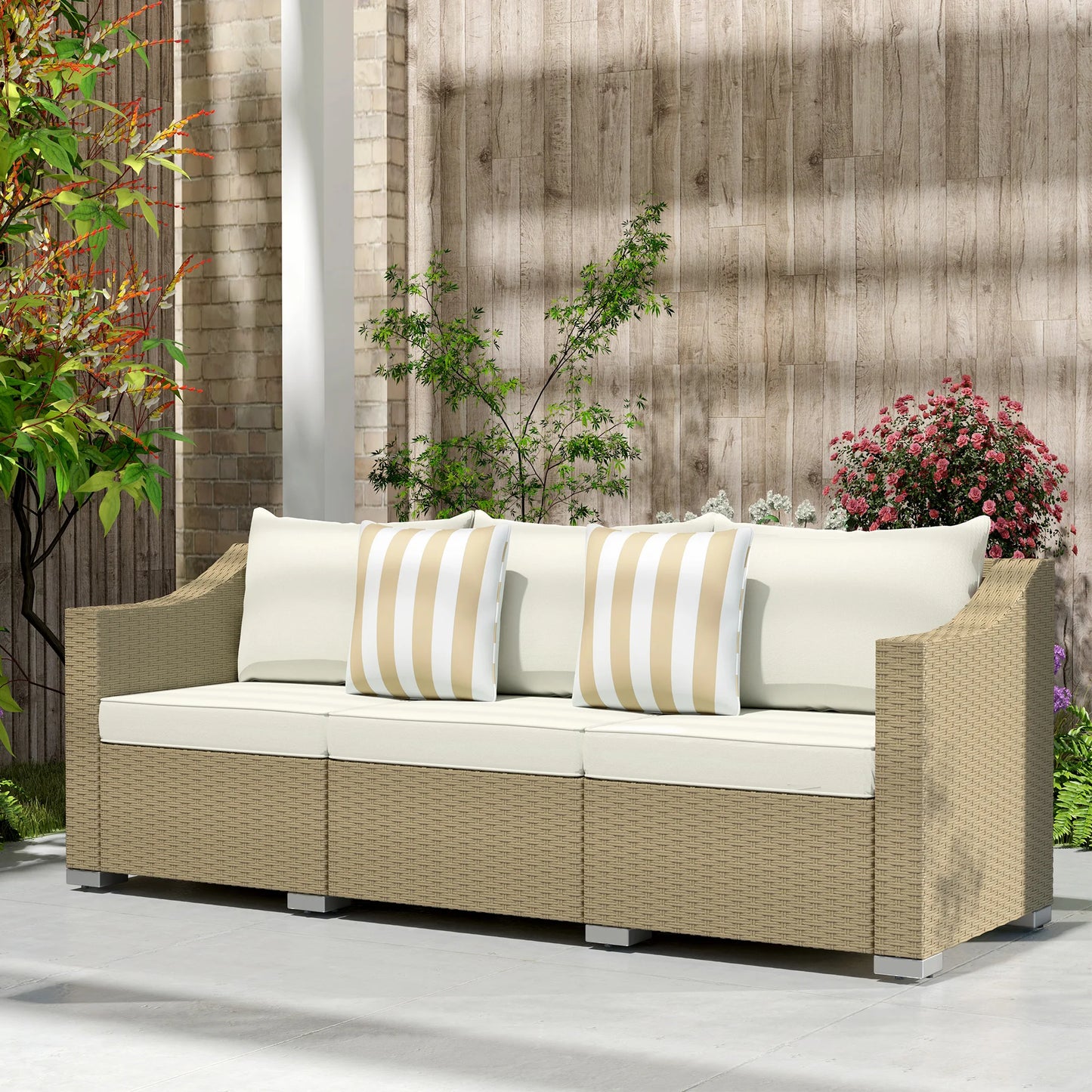 3 Seater Patio Wicker Sofa, Outdoor Furniture Rattan Couch with Cushions, Throw Pillows, for Garden, Backyard, Porch, Cream White