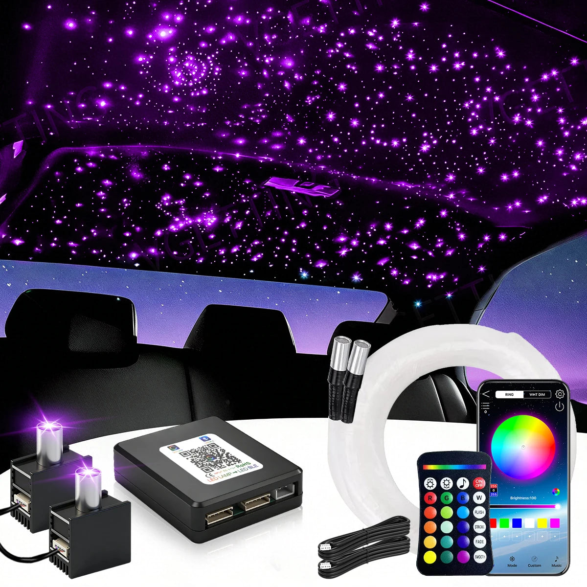 16W Split Starlight Headliner Kit, Fiber Optic RGBW Star Lights for Car Roof Ceiling with 1/2/4 Light Heads, APP/Remote Control, Static 10 Colors