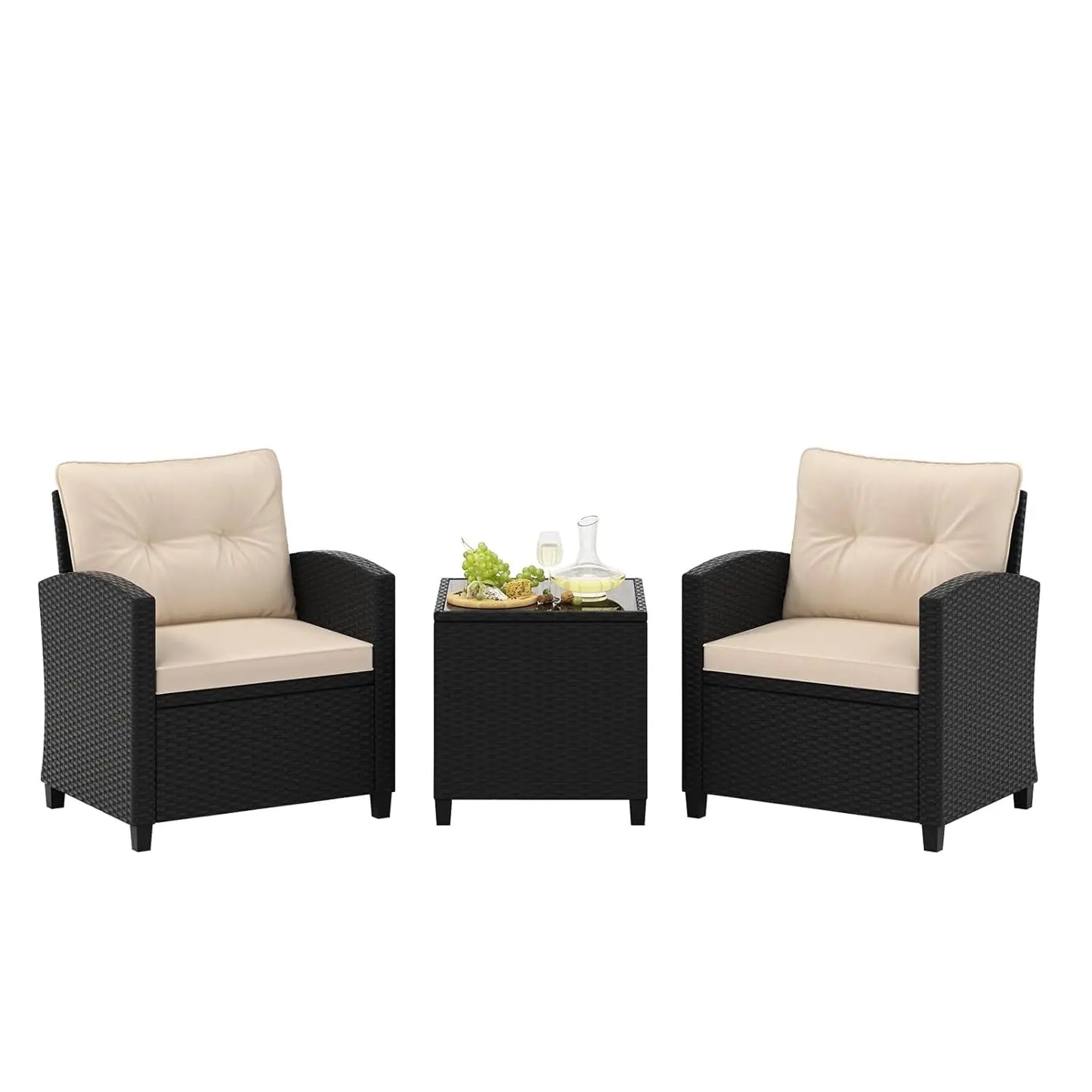 3 Pieces Patio Furniture Set, PE Rattan Wicker 3 Pcs Outdoor Sofa Set w/Washable Cushion and Tempered Glass, Customized