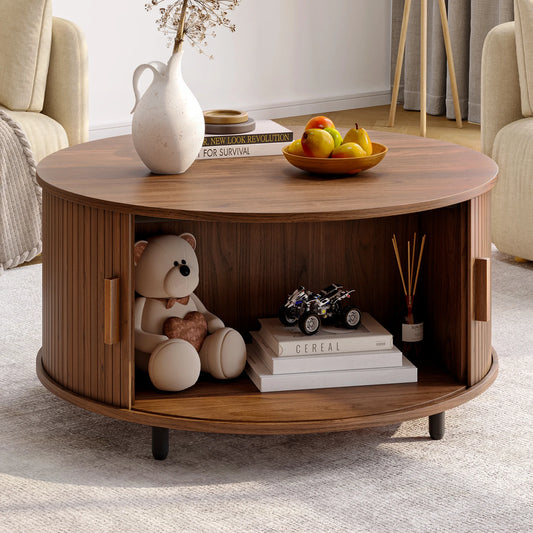 ONBRILL Round Coffee Table With Storage And Fluted Sliding Door