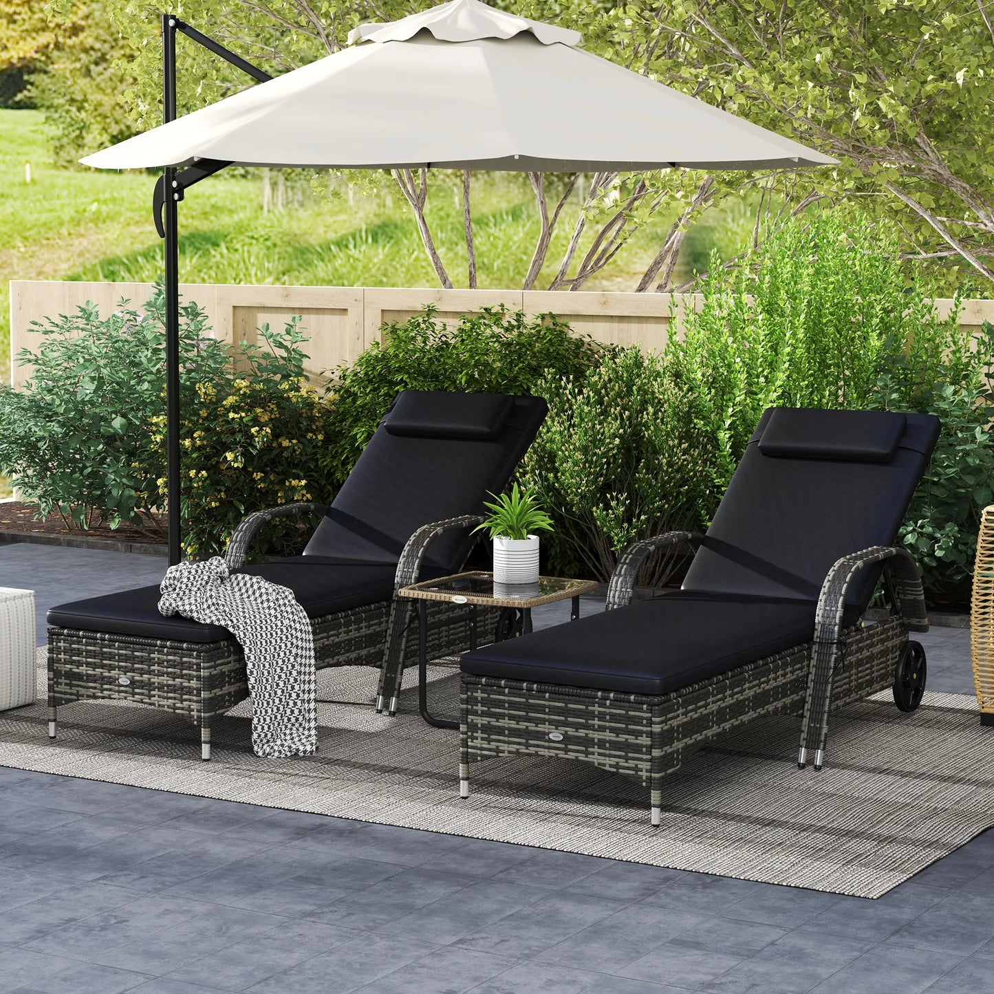 Outdoor PE Rattan Reclining Sun Lounger Set of 2 w/ Cushion, Wheels, Black