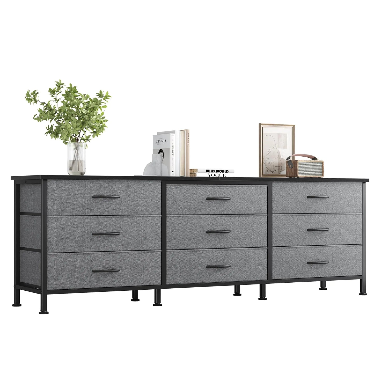 JHK Cabinet For Living Room With 9 Fabric Drawers Long Entertainment Center Up to 75 Inch TV Storage Display Of Furniture