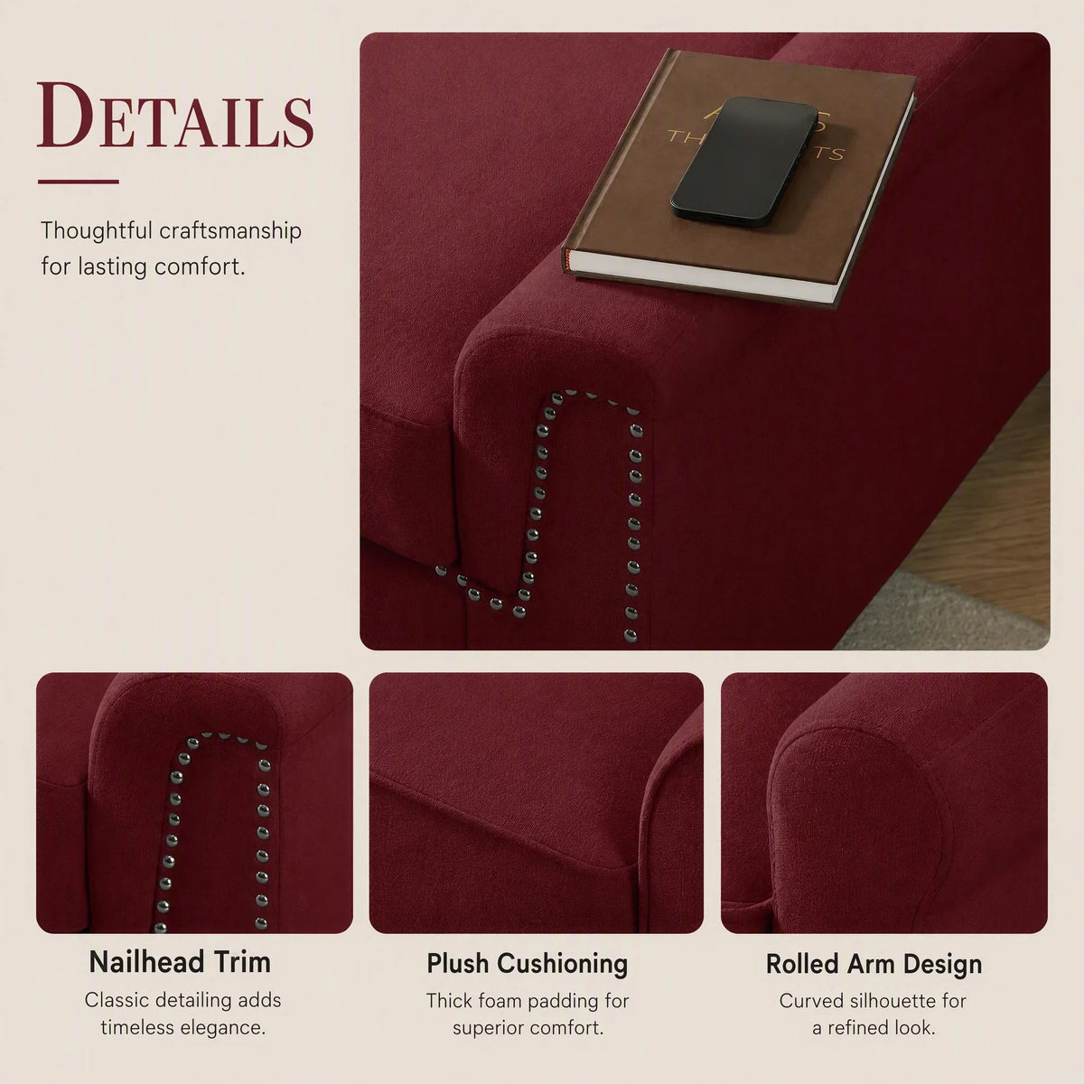Modern Three Seater Sofa With Nailhead Trim And Metal Legs