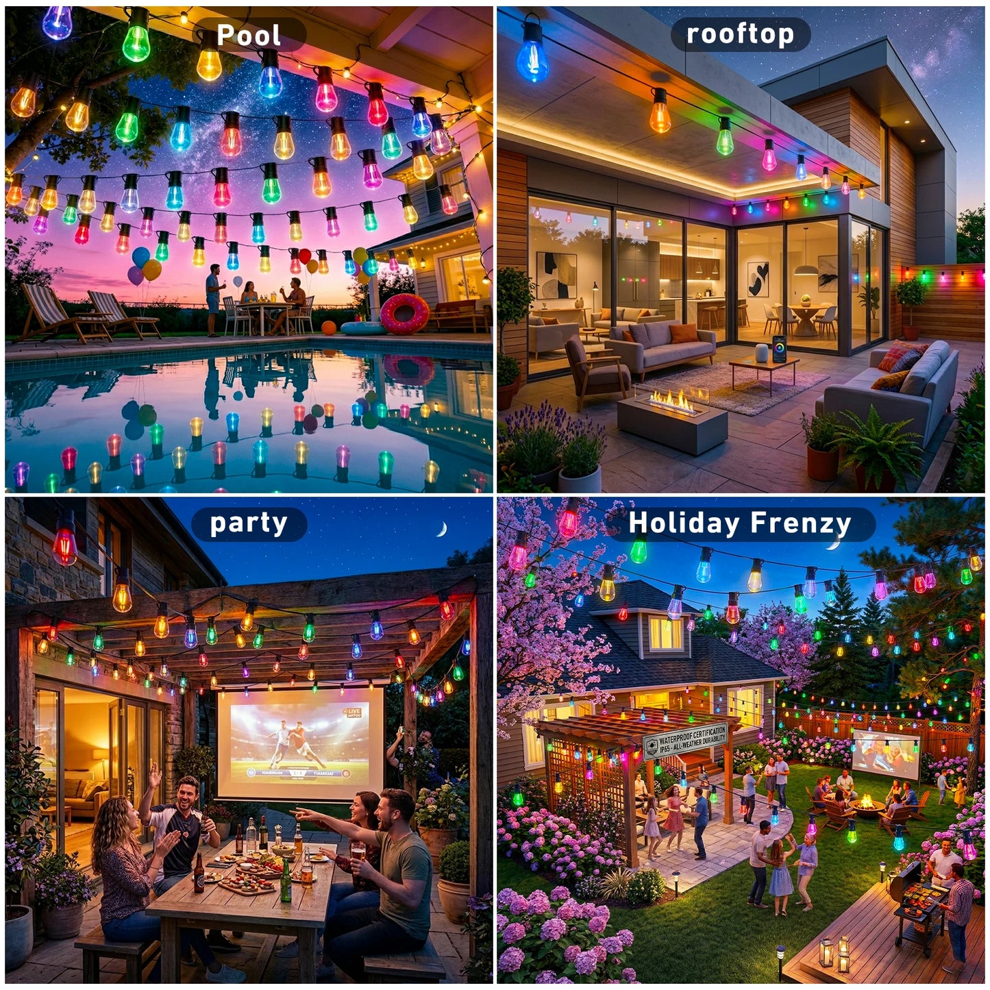 RGB IC Outdoor String Lights Dimmable With App Control IP67 Waterproof