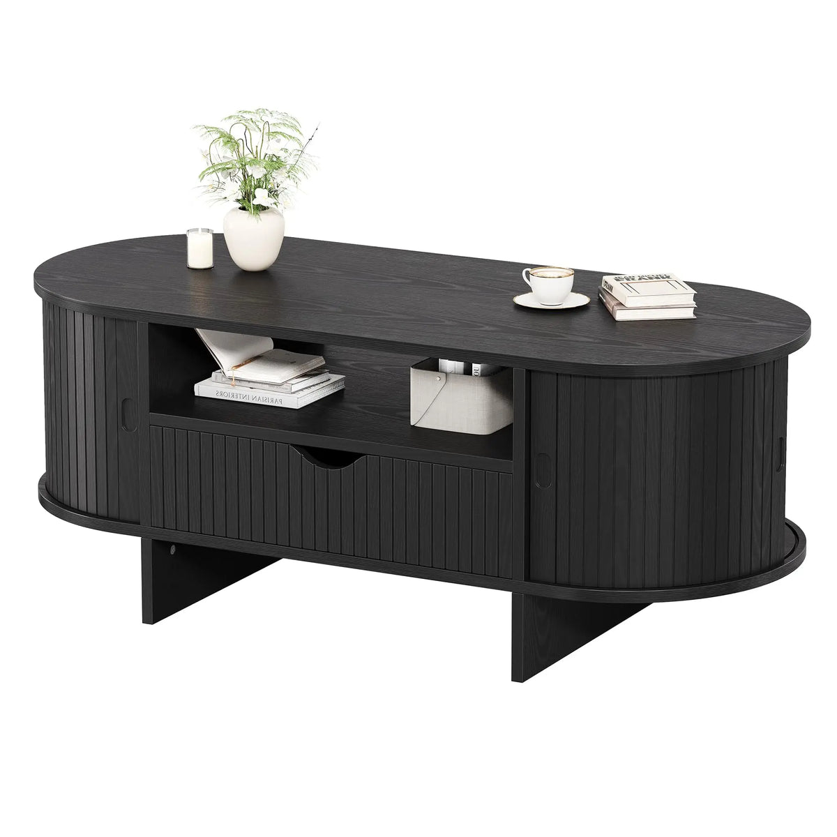 HiMISS Oval Coffee Table With Storage And Fluted Wood Design