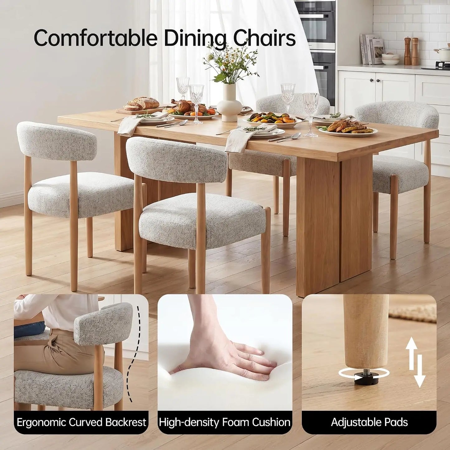 Wooden Dining Chairs Set of 2, Modern Upholstered Dining Room Chairs with Rubberwood Legs and Curved Backrest,, Customized