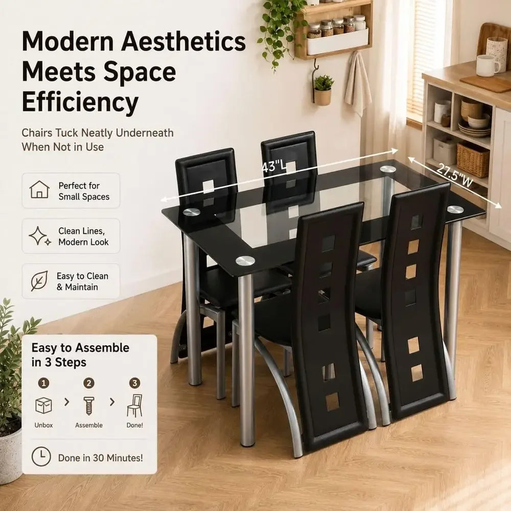 5-Piece Dining Table Set with 1 Glass Dining Table and 4 PVC Chairs, ern Dining Table Set or Kitchen & Breakast Dining Living Ro