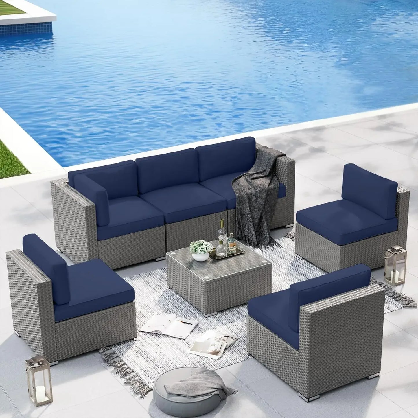 Outdoor Patio Furniture Set 7 Piece Outdoor Sectional Sofa Grey Wicker Conversation Sofa Set with Coffee Table and, Customized