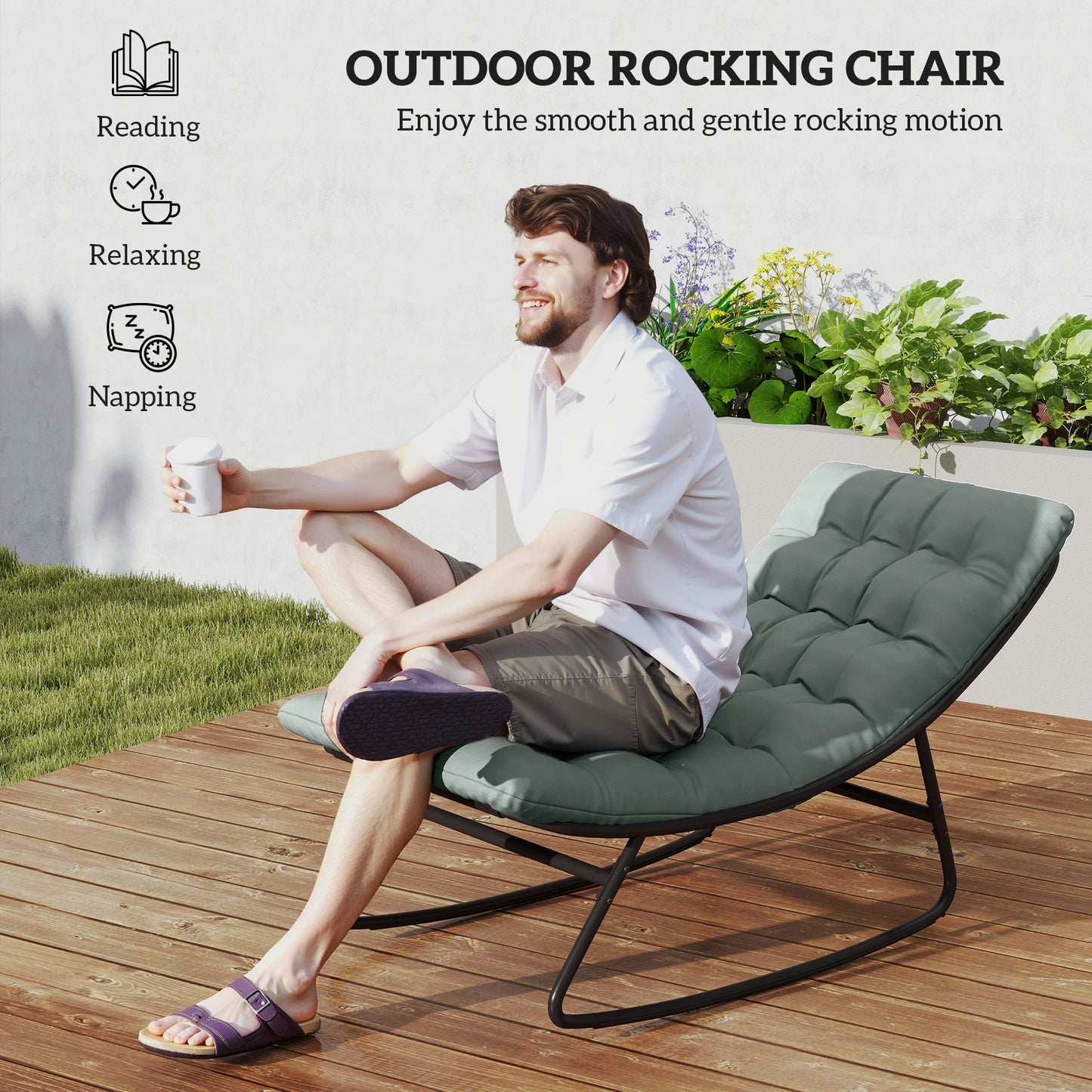 2 Pieces Outdoor Rocking Chairs, Cushioned Patio Rocker, Dark Gray