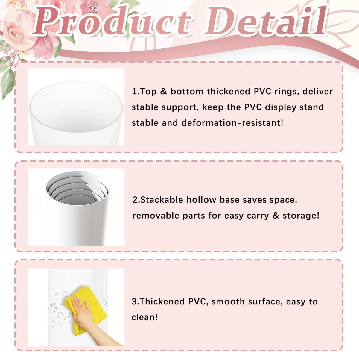 5 Pcs White PVC Cylinder Pedestal Stands Set for Party Round Cake Display Stands Wedding Centerpiece Columns Dessert Table Birthday Baby Shower Flower Decor