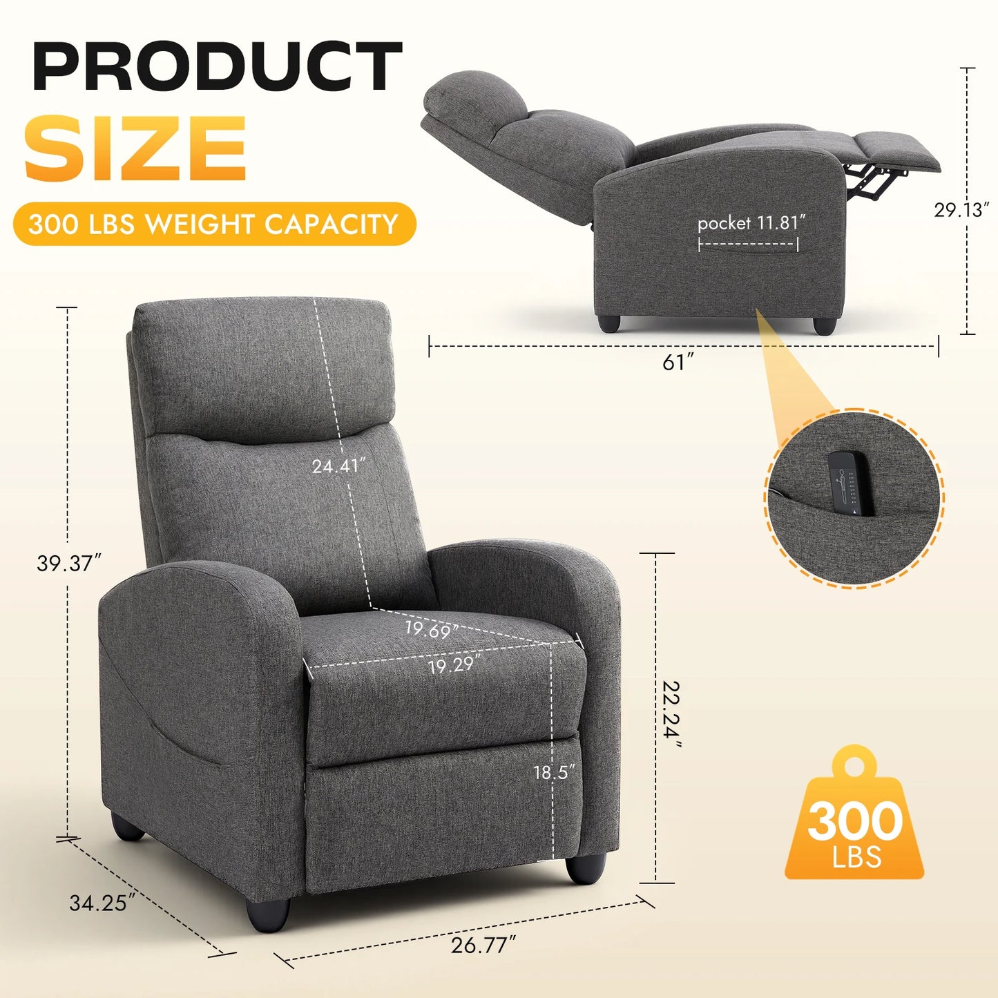 MCQ Living Room Recliner Sofa with Lumbar Support Sofa Fabric or Pu Leather for Adults Recliners Home Theater Seating Reclining Sofa Chair for Living Room