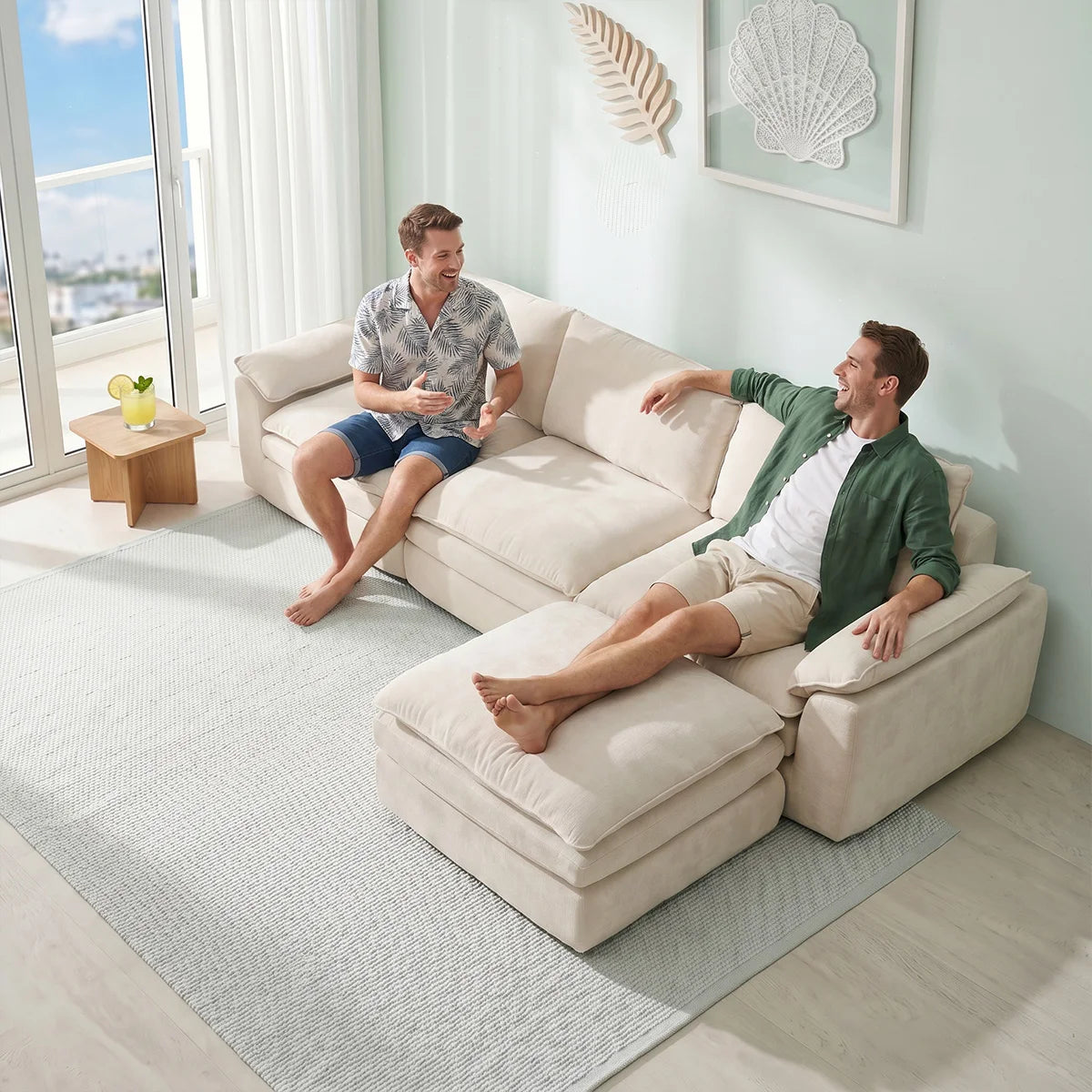 Summer Fresh Cream Style Modular Block Sofa, No Assembly Required, Deep Seat Cloud Sofa for Family Theater Room, Breathable Skin-friendly Fabric Chaise Lounge, Detachable Washable Lazy Cloud Couch for Large Living Room, Multi