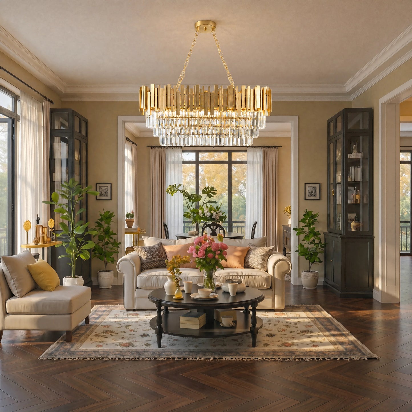 Modern Luxury Crystal Chandelier, Gold Crystal Chandelier, 3-Layer Raindrop Chandelier, Lighting Fixtures, Dining Room, Table, F