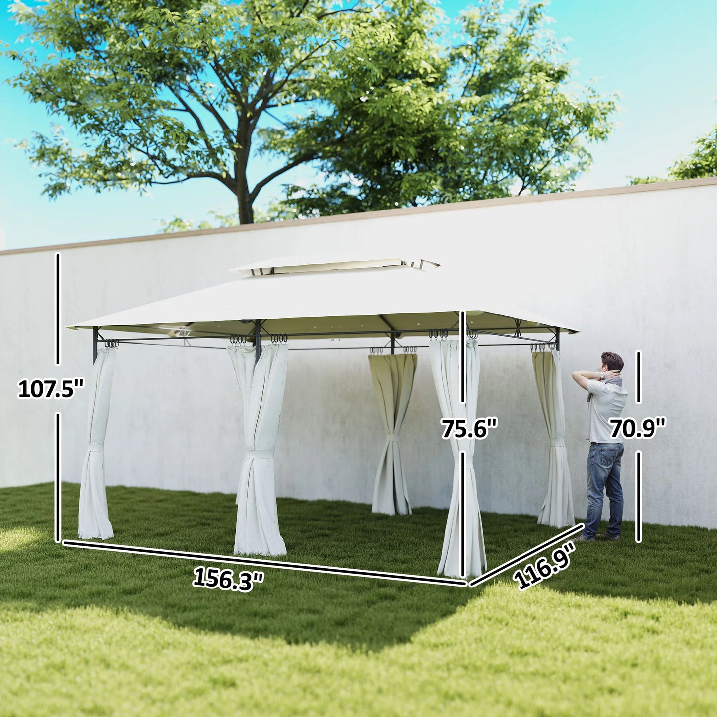 10 X 13 ft Double Roof Patio Gazebo with Curtains, Cream White