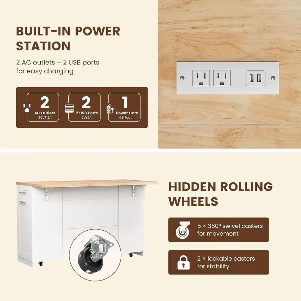 53'' Rolling Kitchen Island with Power Outlet, Drop Lea & Trash Can Storage, Large Island Cart on Wheels with Rubberwood Top, 4