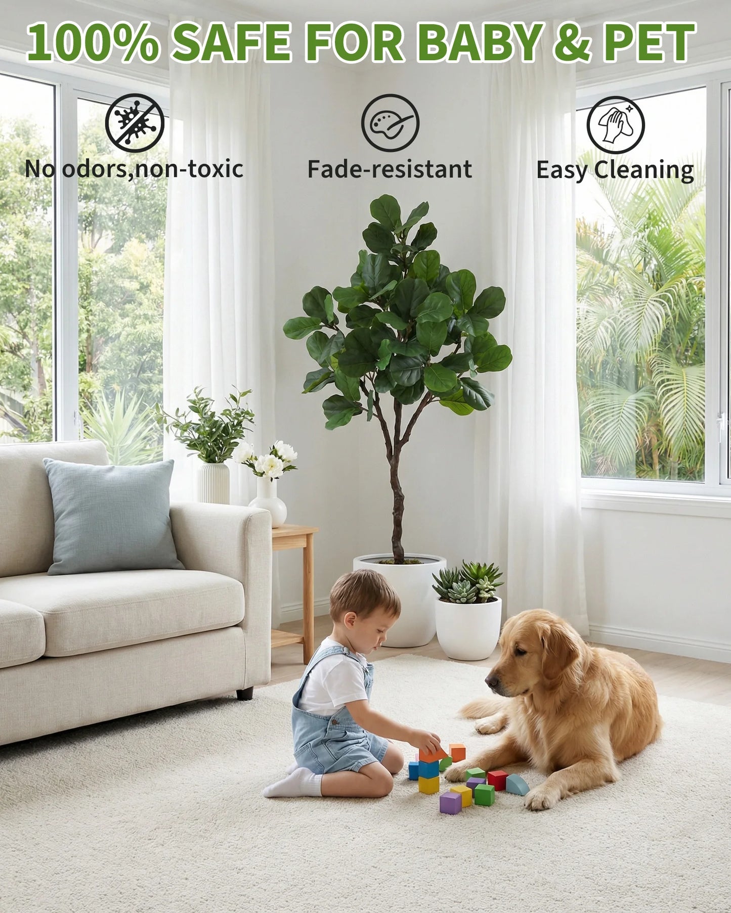 4/5/6 FT Artificial Fiddle Leaf Fig Tree with Lifelike Leaves,Large Faux Plant, Tall Fake Ficus Lyrata Trees with Black Planter, Fake Floor Plants for Home Office Modern Decor