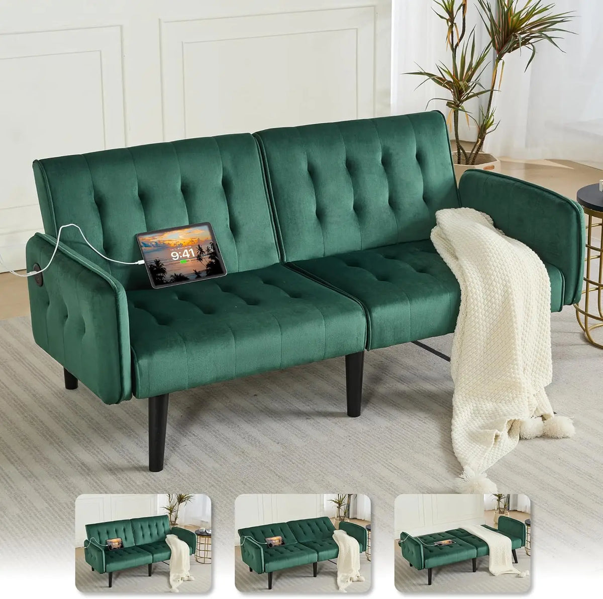 TYBOATLE Modern Tufted Adjustable Futon Sofa Bed With USB Ports