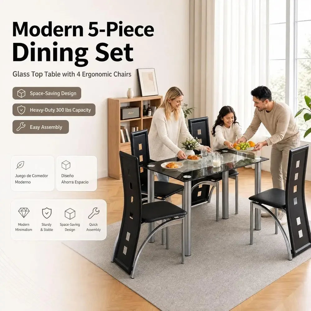 5-Piece Dining Table Set with 1 Glass Dining Table and 4 PVC Chairs, ern Dining Table Set or Kitchen & Breakast Dining Living Ro