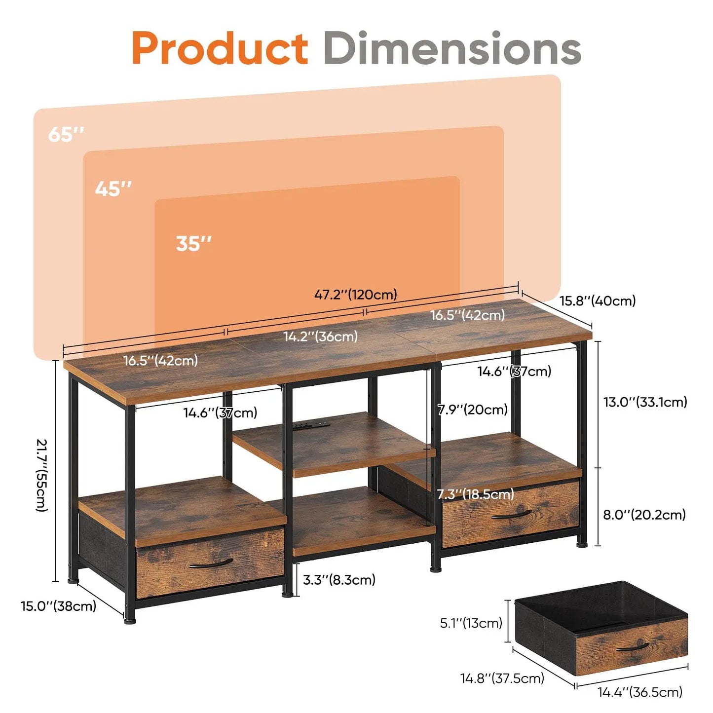 JHK 63IN Wooden Tv Stand For Up To 75 Inch TV Entertainment Center For Living Room Media Console Adjustable Shelf 2 Storage