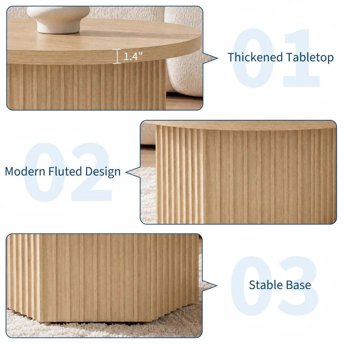 HiMISS Modern Fluted Drum Pedestal Coffee Table for Living Room