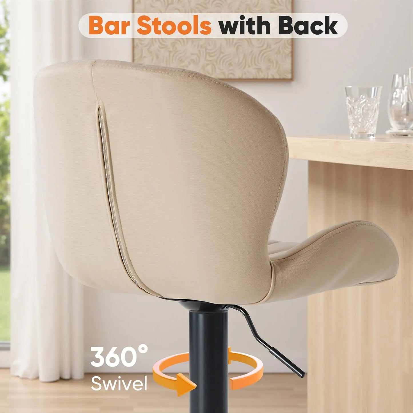 JHK Ergonomic Modern 360° Swivel Dining Chairs Set of 2 Adjustable Fabric Upholstered Kitchen Chairs with  For Kitchen Island