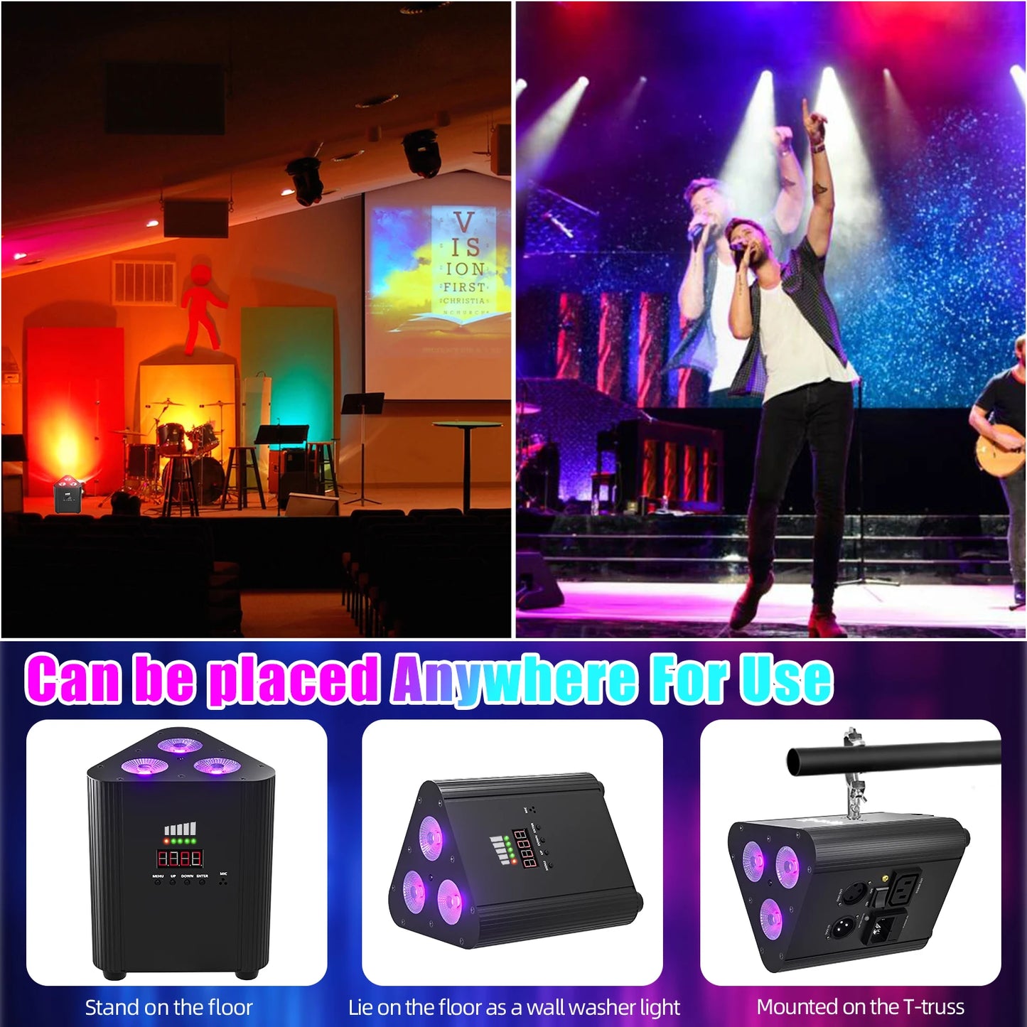 U'King 4PCS 4in1 RGBW LED Battery Par Light 3x4W Triangle Wash Wall Light DMX512 Wireless Effect Light for Concert Disco Party