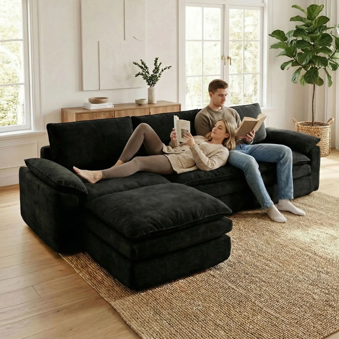 118 Inches L-Shaped Chenille Cloud Lazy Sofa, Black Oversized Deep Seat Modular Sectional Couch with Chaise Lounge, Ultra Soft Cat Scratch Resistant Chenille Fabric, No Assembly Low Maintenance Extra Comfort Large Sofa, Unive