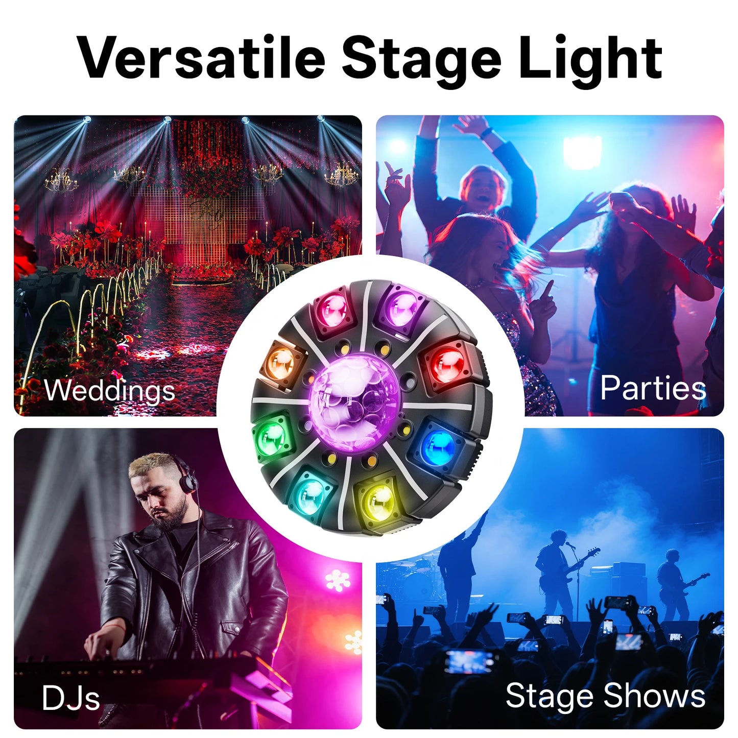 Fieryzeal 150W RGBW 8-Armed Moving Head Light DMX512 Remote Control Magic Ball Stage Light DJ Lighting Strobe Effect for DJ Show