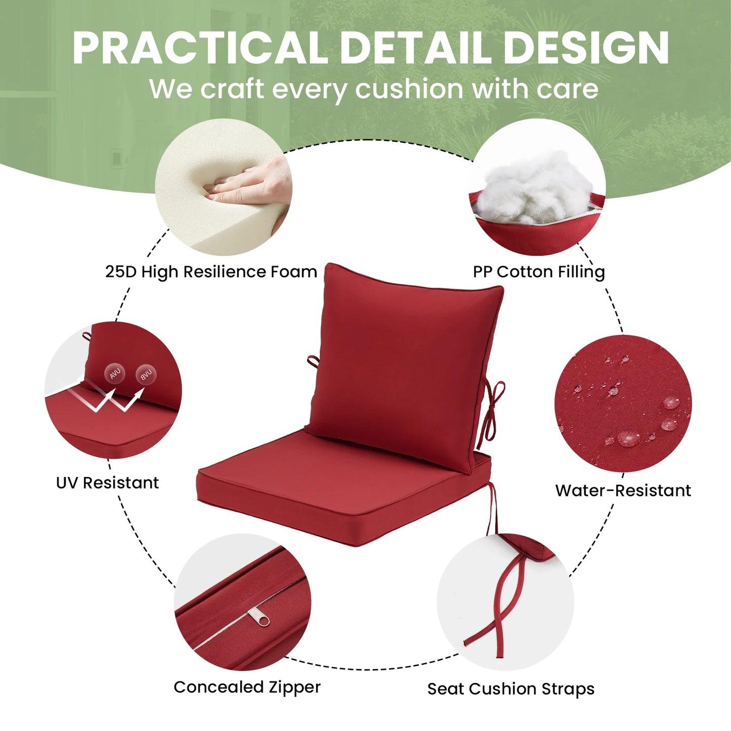 Outdoor Chair Cushions Set of 2, 24"× 24" Outdoor Sofa Replacement Cushions with Removable Cover for Patio Furniture
