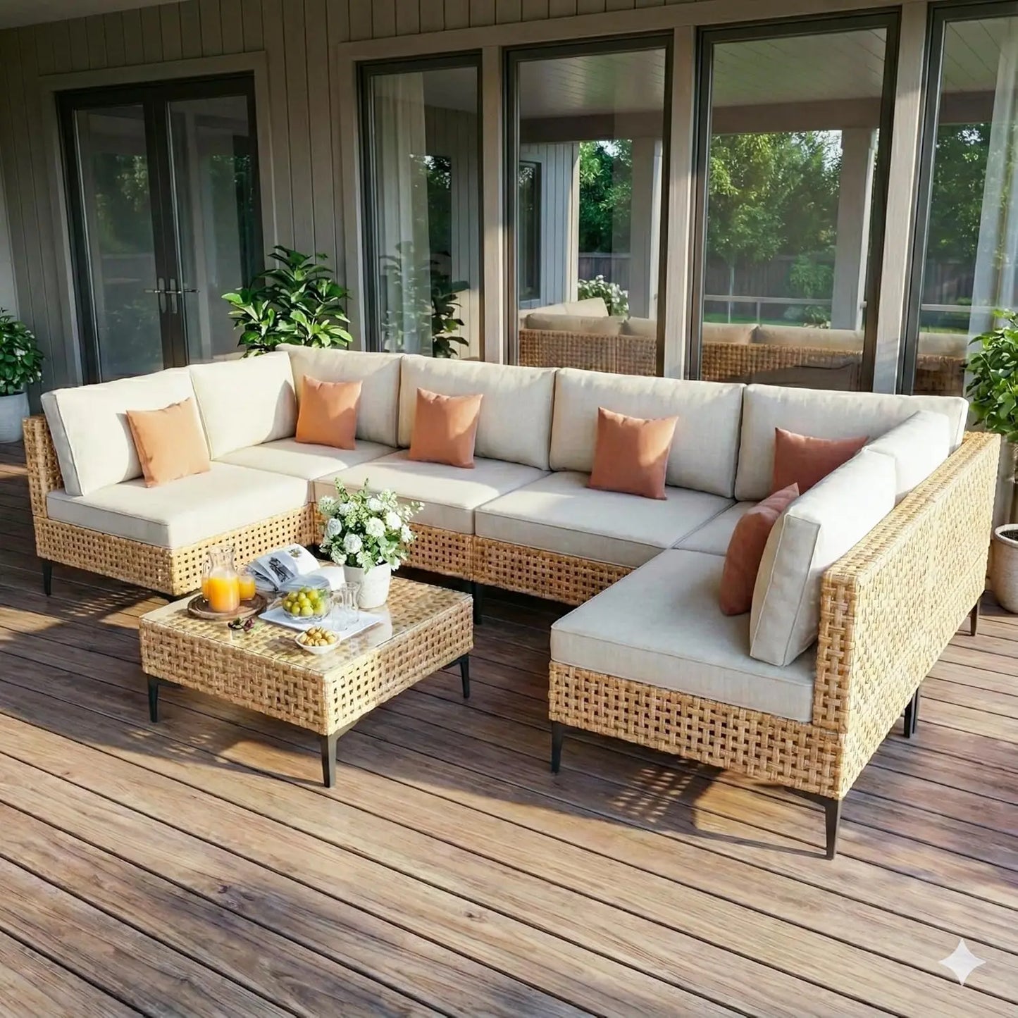 7 Piece Large Outdoor Sectional Sofa All Weather Wicker Thick Cushion Modular Patio Conversation Set For Porch Deck, Customized
