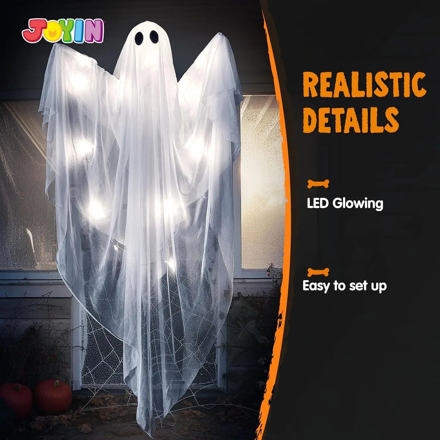 Halloween Hanging Light up Ghost with Spooky White LED Light, 47” Halloween Hanging Ghost Decoration for Front Yard Patio Lawn Garden Party Decor Indoor Outdoor
