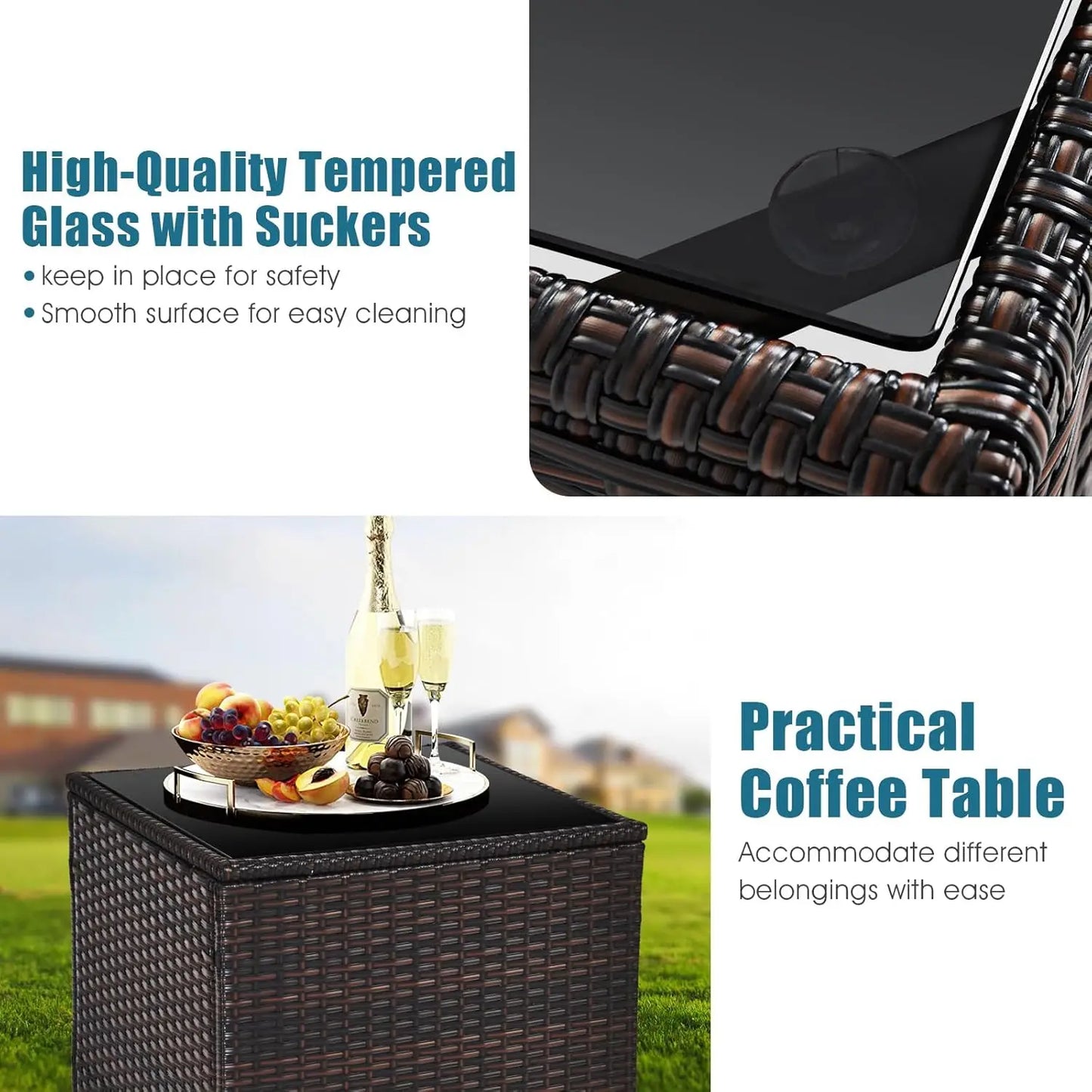 3 Pieces Patio Furniture Set, PE Rattan Wicker 3 Pcs Outdoor Sofa Set w/Washable Cushion and Tempered Glass, Customized