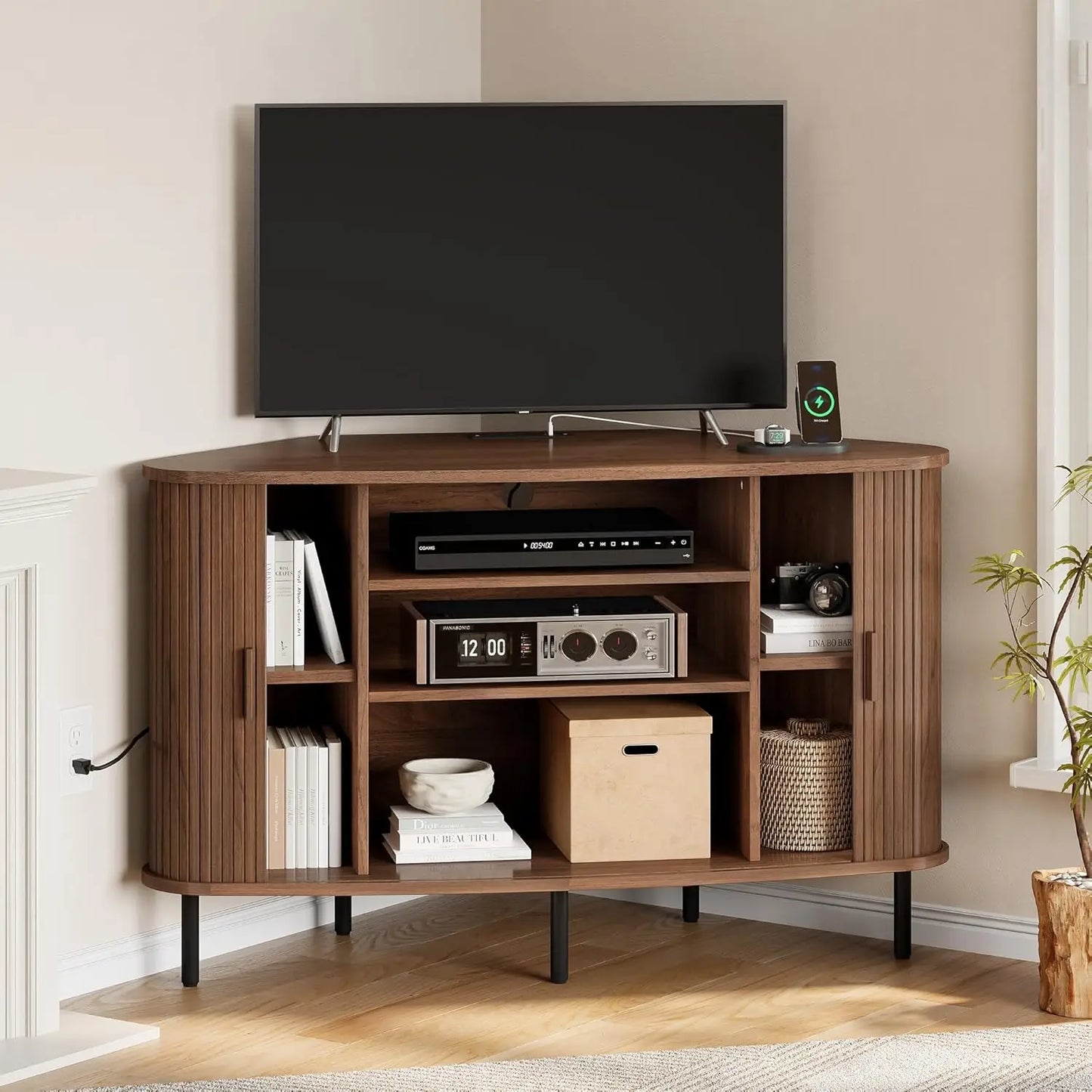 47 Corner TV Stand Sliding Door Power Outlet Wood Storage Media Console Table for Living Room Walnut, Customized