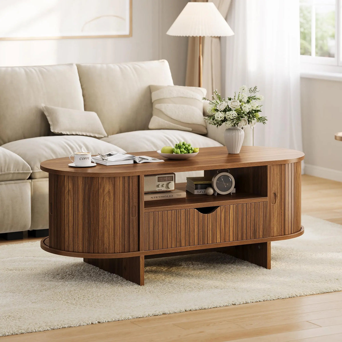 HiMISS Oval Coffee Table With Storage And Fluted Wood Design