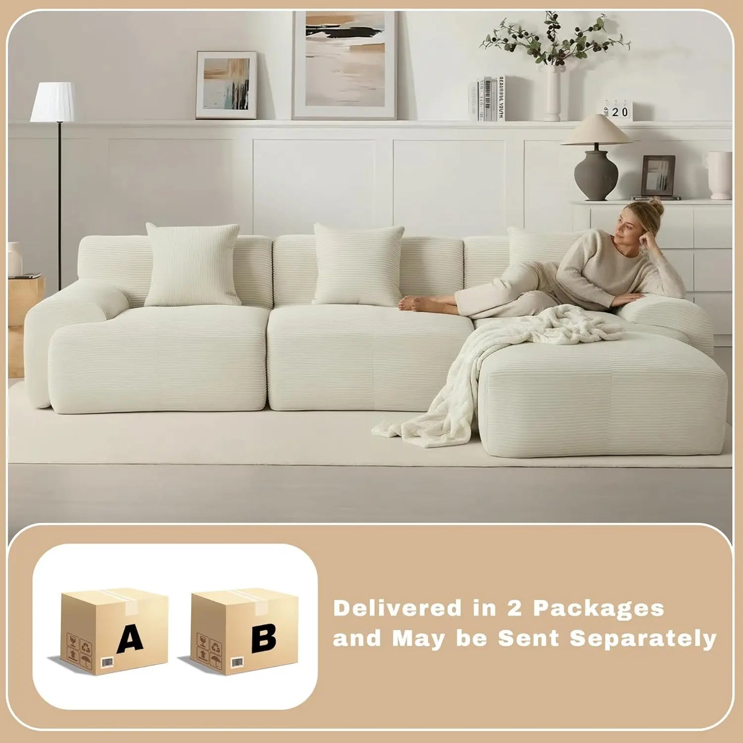Modular Sectional Sofa No Assembly With Ottoman Corduroy Memory Foam