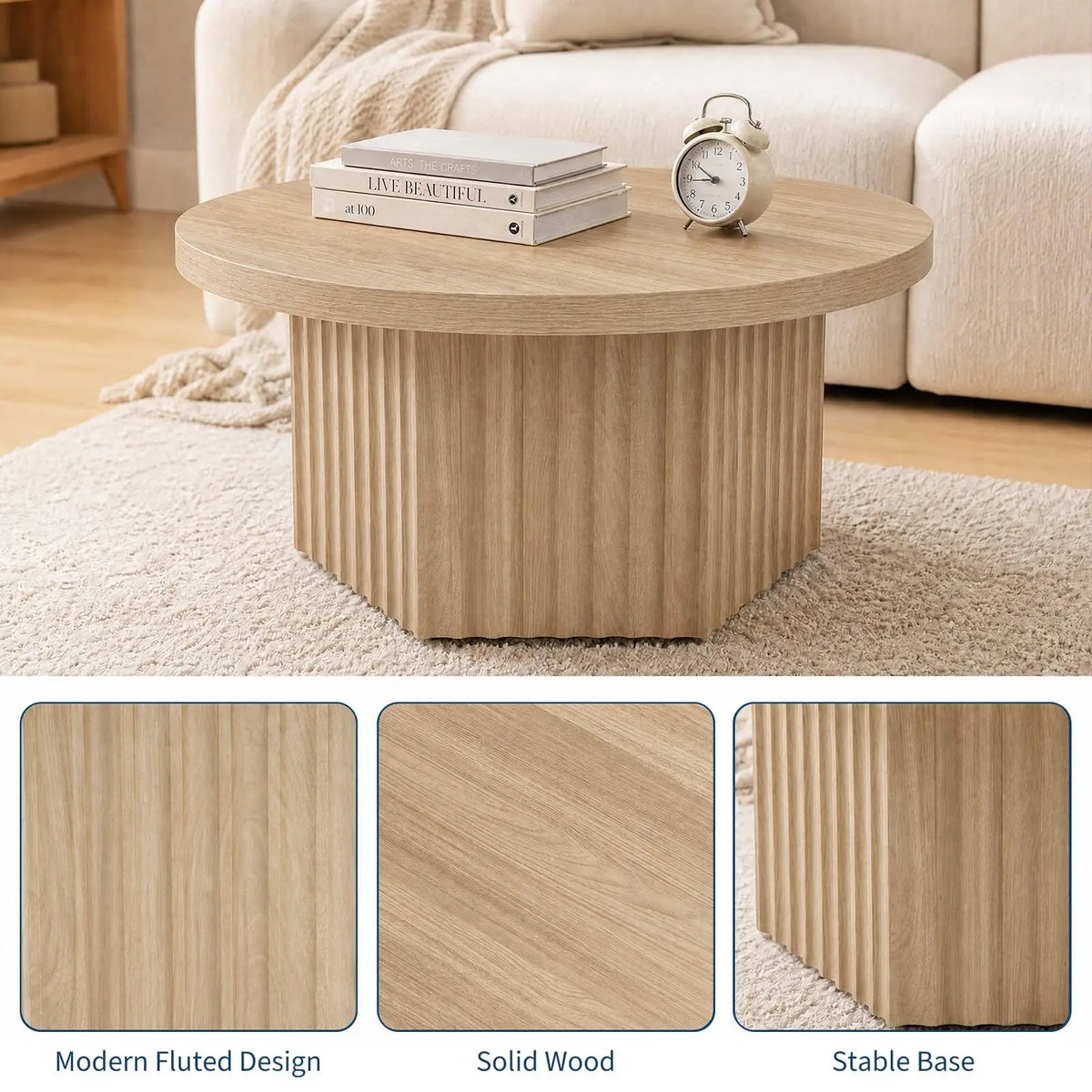 HiMISS Modern Fluted Drum Pedestal Coffee Table for Living Room