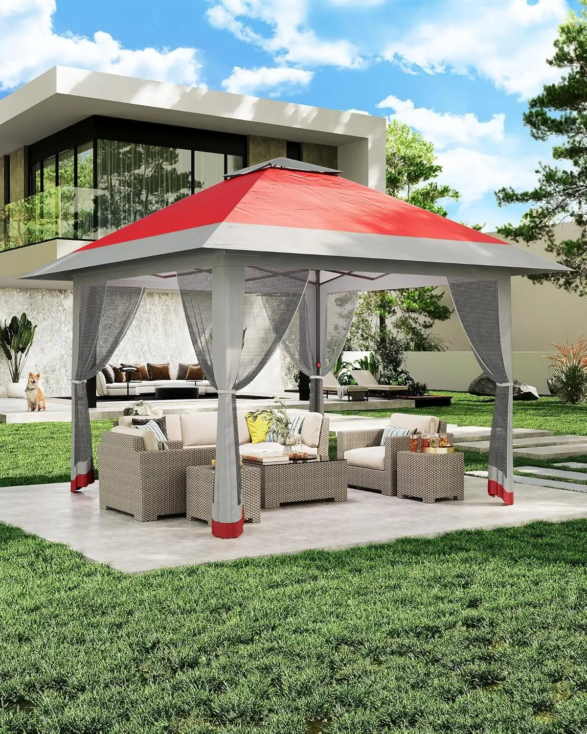 Alloy Steel Pop Up Gazebo With Mosquito Netting Vent Roof