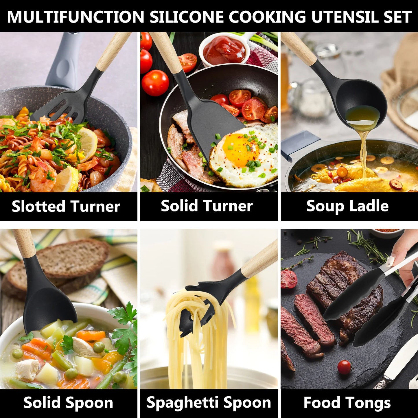 KOOMADE 12Pcs Silicone Cooking Utensils Set Natural Wood Handle Heat Resistant Non-Stick Kitchen Spatula Spoon Whisk Tongs Baking Tools With Storage Holder Kitchen Cookware Accessories