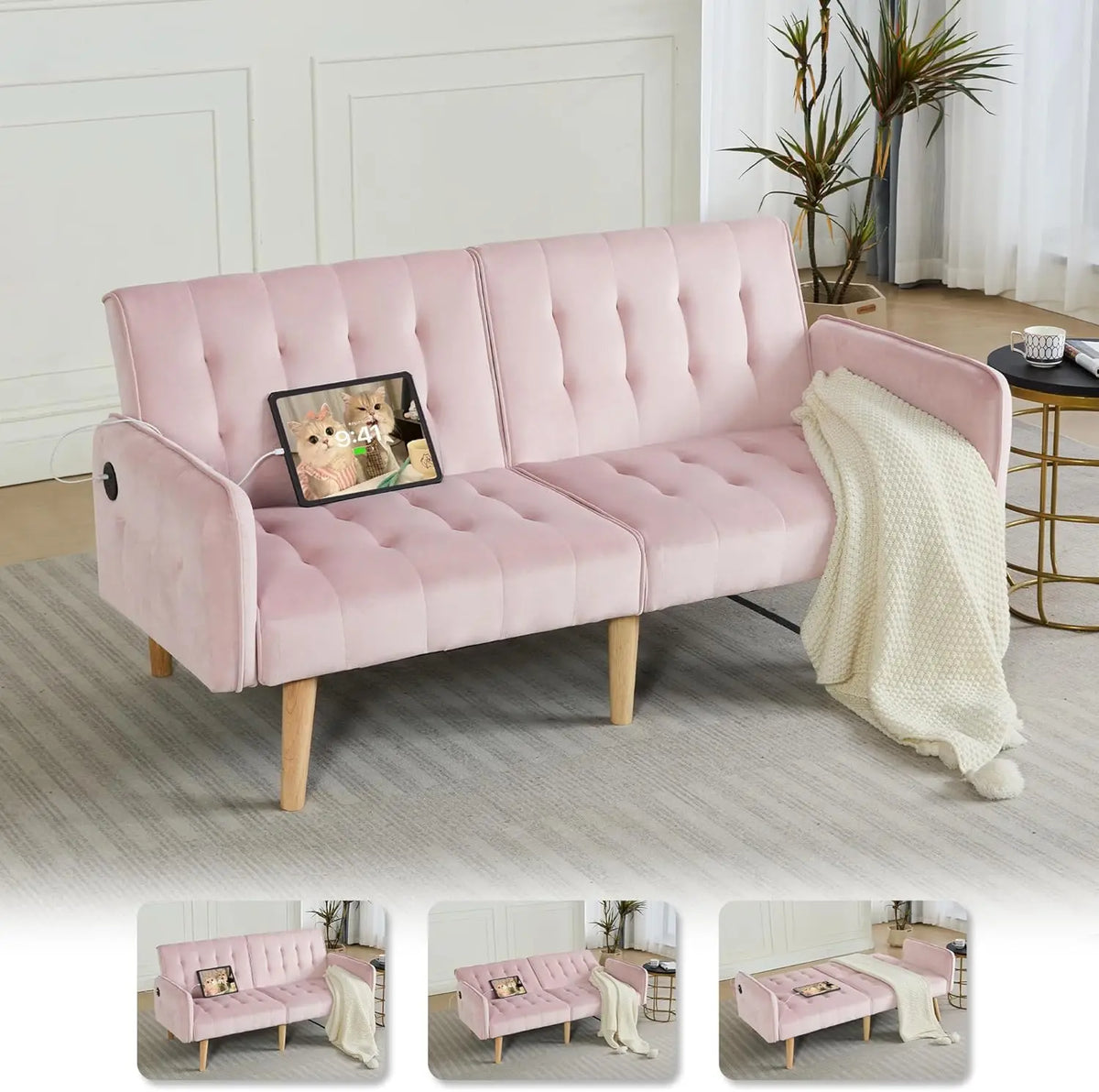 TYBOATLE Modern Tufted Adjustable Futon Sofa Bed With USB Ports