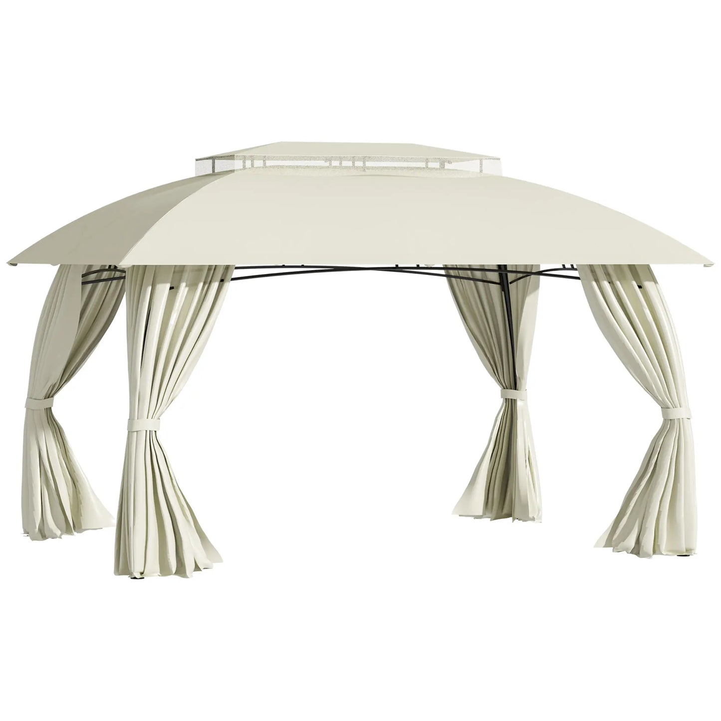 13' X 10' Patio Gazebo, Double Vented Canopy Shelter, Curtains, Steel, Beige