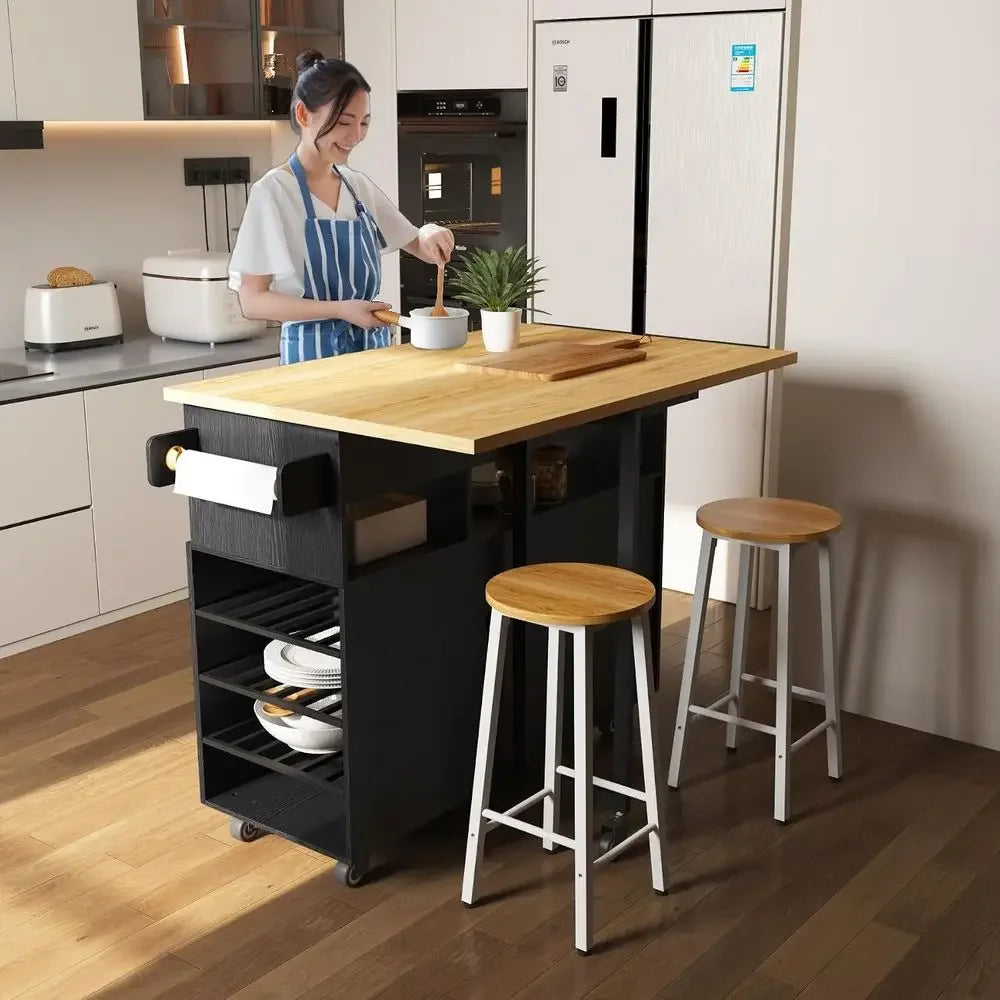 Rolling Mobile Kitchen Island with Storage and Drop Lea, Island Table with Countertop Power Socket and Wheel (Black, el 1.2)
